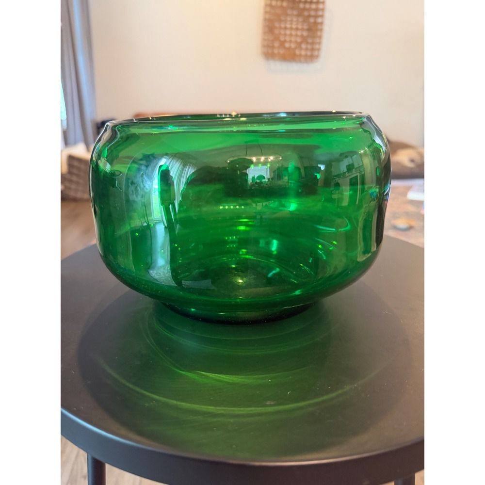 Vintage Mid Century Modern Emerald Green Hand Blown Glass Bubble Bowl Pontil 8x5